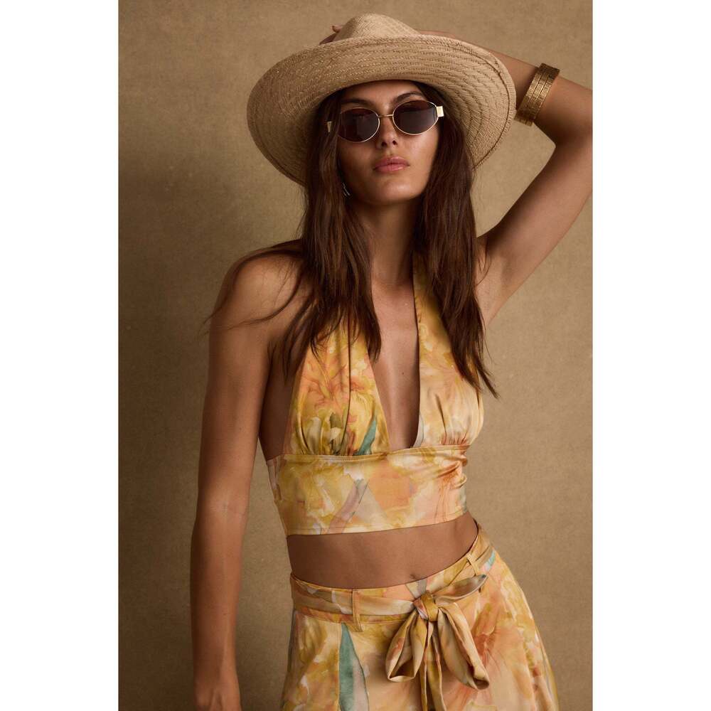 12th Tribe Picasso Yellow Abstract Halter Crop Top Size SS